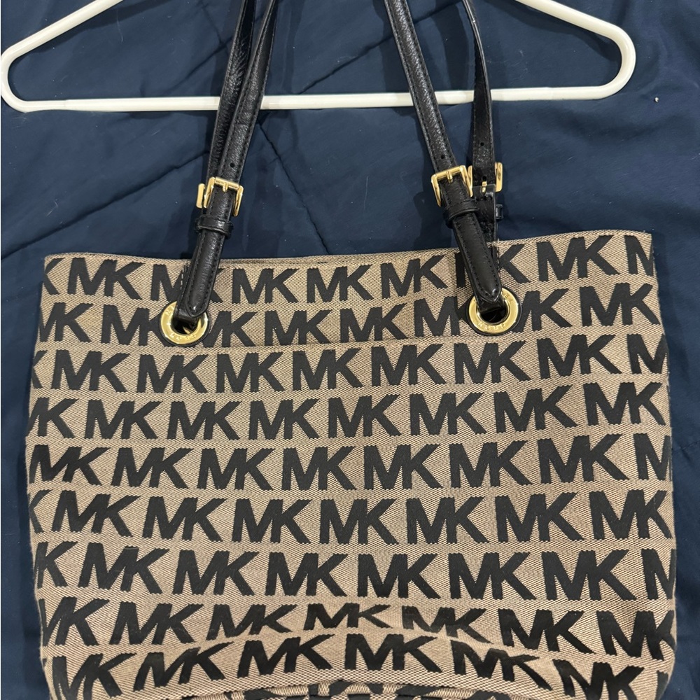 Michael Kors Black MK Logo Canvas Tote with Beige Ground